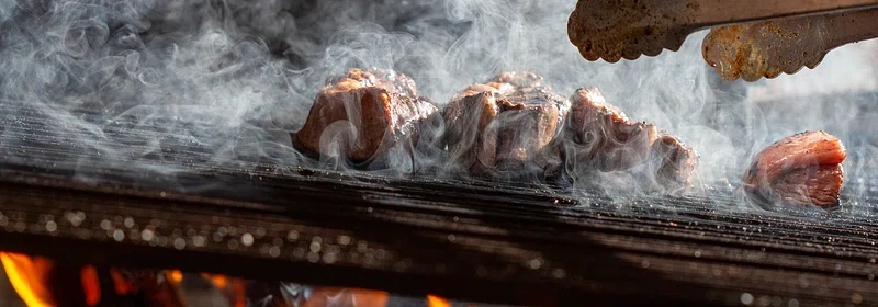 Meats on a smoky grill surface